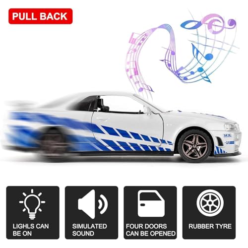 Image of LONGMIRE Metal Pull Back Diecast Car Pull Back Model with Sound Light Boys Gifts Toys for Kids Pack of 1, Multicolor (Nissan Skyline R34)