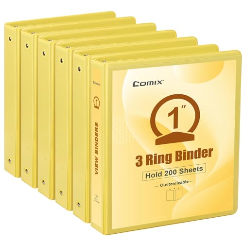 COMIX Standard 3 Ring Binder 1 inch with Clear View Cover 1 Round Ring View Binder Holds 200 Sheets of US Letter Size Paper 6 Pack (Lemon Yellow)