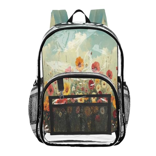 Wild Flowers Oil Painting Clear Backpack - Stadium Approved Large 15.7-inch Waterproof Transparent Bag for Sports, Concerts, Work, Travel#237