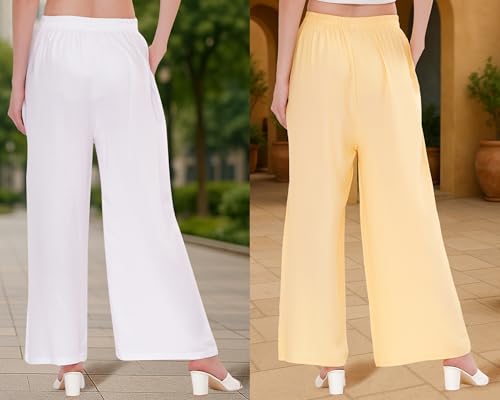 Image of Buy That Trendz Palazzo Pants for Women Cotton Rayon Elasticated Regular Fit Flared Wide Leg M to 6XL Pack of 2