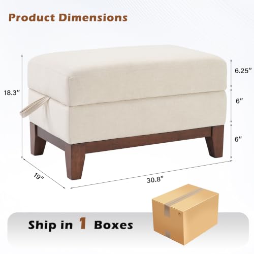 Image of HAOMARKETS Multifunctional Storage Ottoman with Flip-Top Table, Upholstered Footrest with Storage Space, Stylish Coffee Table with Solid Wood Legs for Living Room, Beige