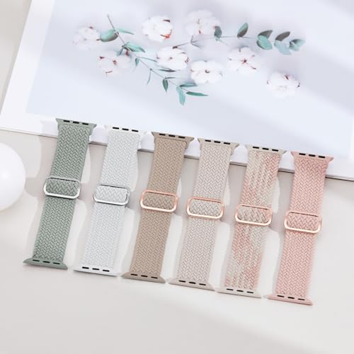 Image of 6 Pack Braided Stretchy Bands Compatible with Apple Watch Band 38mm 40mm 41mm 42mm 44mm 45mm 46mm 49mm Women Men, Adjustable Nylon Solo Loop Elastic Straps for iWatch Series 11 10 9 8 7 6 5 4 SE Ultra