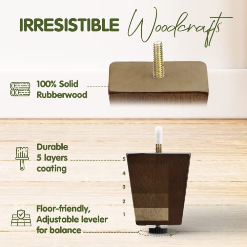Yes4All 3 Inches Square Wood Furniture Legs Set Of 4 - Wooden Replacement Feet For Couch, Bed, Bench - Adjustable Sofa, Ottomans Tapered Leg With Leveler - Brown Rubber Wood Parts For Table, Chair #TOP3