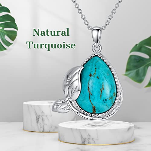 Bethza Natural Turquoise Necklace For Women 925 Sterling Silver Teardrop Blue Turquoise Leaf Pendant Necklaces Genuine Gemstone Jewelry Gifts For Christmas Birthday Valentine's Day #TOP4