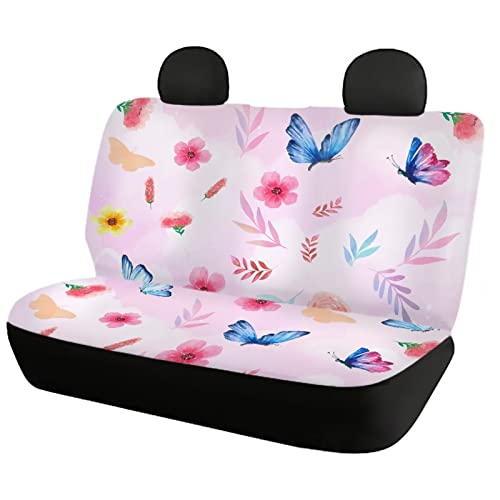 Image of Flower Butterfly Design Pink Seat Covers for Cars Full Set Elastic Durable Non Slip Two Front Seat Cover Rear Bench Universal Car Seat Protector Fit Trucks SUV Comfort Soft Automotive Seat Cover