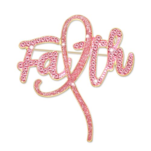 Image of Breast Cancer Awareness Pink Rhinestone Ribbon Pin - Faith Believe Women's Brooch, Survivor Lapel Pin for Cancer Month - Merchandise Accessories Decor