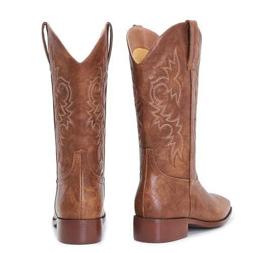 Image of Cowgirl Boots Square Toe Cowboy Boots For Women Ladies Mid Calf Low Heel Flat