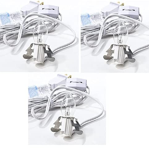 Set of 3 White Electric Clip-in Cords Includes Clear Light Bulbs | 3 Individual Replacement Clip in Lamp Cord Sets for Christmas Village Houses, Blow Molds, Pumpkins, and Other Displays