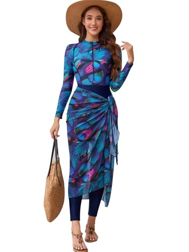IDOPIP Muslim Burkini Swimsuit for Women's One Piece Swimsuit with Beach Skirt+Cover up Sarong+Pants 4PCS Islamic Bathing Suit Floral Print Swimsuits Ruffle Monokini Swimwear Navy Blue Print S
