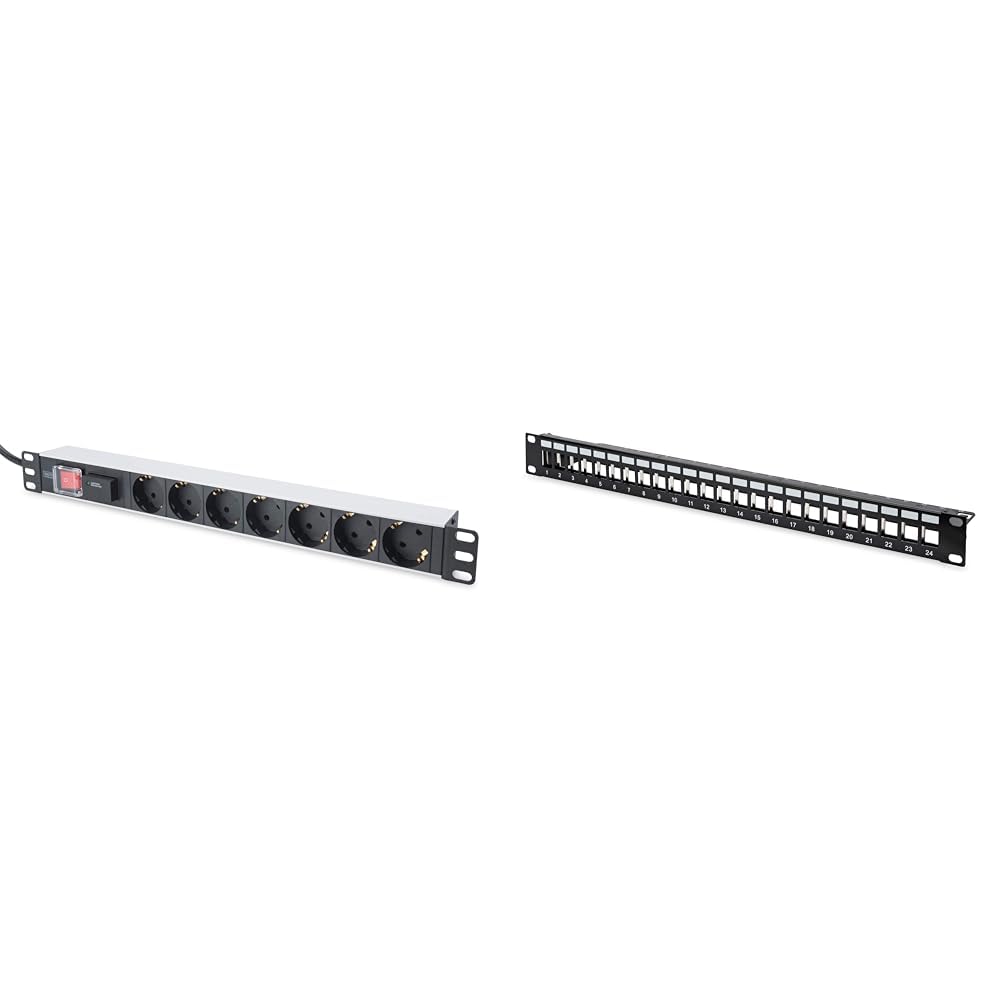 DIGITUS 19" Steckdosenleiste - 7 Abgriffe - 1HE - 250VAC & Patchpanel - Modular - Für Keystone-Module - 19-Zoll - 24-Port - Geschirmt - Rack-Montage 1HE - Schwarz