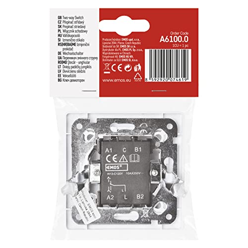 EMOS Wechselschalter in Weiss (Glanz), Lichtschalter mit einer Wippe, 250 V~/10 AX, Kunststoff, ohne Unterputzdose, Schutzklasse IP20 für Innen, 8 x 8 x 5 cm