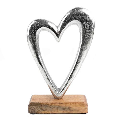 Logbuch-Verlag Cœur en métal sur socle en bois de manguier 21 cm Objet de décoration