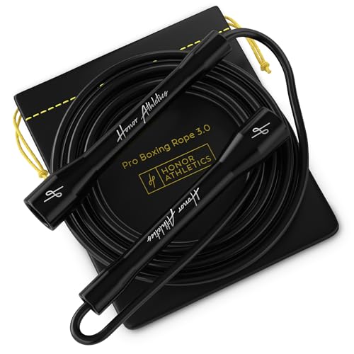 Honor Athletics Pro Boxing Rope 3.0 Cuerda para Saltar 5,3 mm TPU PVC Ajustable 3,05 m Interior/Exterior para Boxeo y MMA, Antienredos/Antidobleces (Mangos negros/Cuerda negra)