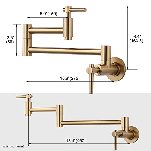 Iviga Wall Mount Pot Filler, Gold Brass Pot Filler Faucet With 2 Handles, Single Hole Stretchable Faucet With Double Joint Swing Arm Pot Filler Above Stove #TOP5