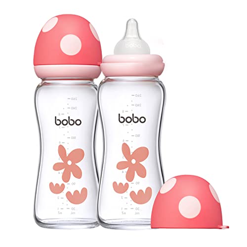 Image of YOHKOH Natural Glass Baby Bottle with Natural Response Nipple, Newborn Anti-Colic Baby Bottles, Wide Neck Mushroom Cap Baby Bottle, Clear (8.8oz (Pack of 2), Red-A)