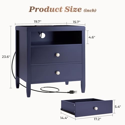 Image of Huuger Nightstand with Charging Station, Blue Nightstand with 2 Drawers