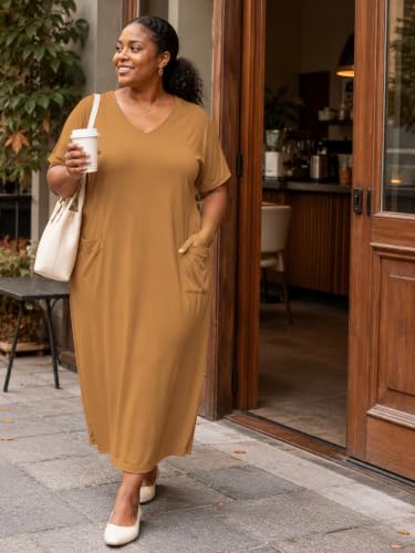 Image of SUZONANA Women Casual T-Shirt Dress V Neck Short Sleeve Solid Color Oversize Dress with Front Two Pockets