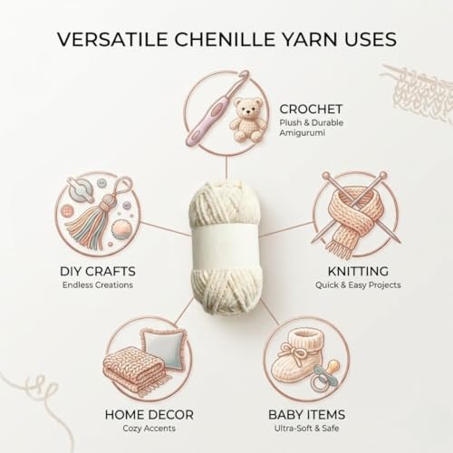 Image of Soft Chenille Yarn 100 gm Soft Velvet Wool Oon for Crochet Knitting DIY Craft Multipurpose Yarn Ball for Blanket Scarf Cushion Making (Purple) (Cream)