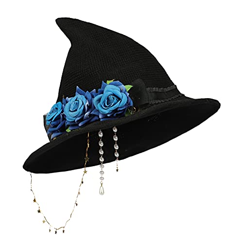 XGOPTS Halloween Witch Hats for Women Felt Hat with Stars Roses Cosplay Costume Accessories Knitted Cap for Decoration Wizard Hat Handmade Crochet Hat Floppy Brim Hat