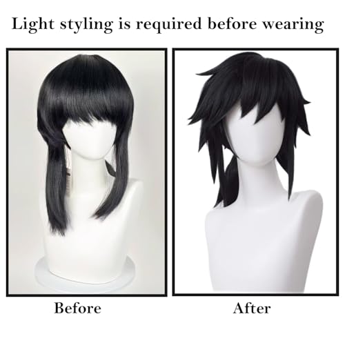 Image of LABEAUTE Anime Black Cosplay Wigs for Giyuu Short Wig Halloween Wig Character Wig Cosplay Clothes for Demon Slayer: Kimetsu no Yaiba