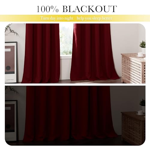 Image of NICETOWN Kitchen 100% Blackout Curtain Panels, Thermal Insulated Same Color Liner Curtains, Noise Reducing and Cold Blocking Drapes for Windows (2 Panels, Red, 42 inch Wide by 63 inch Long)