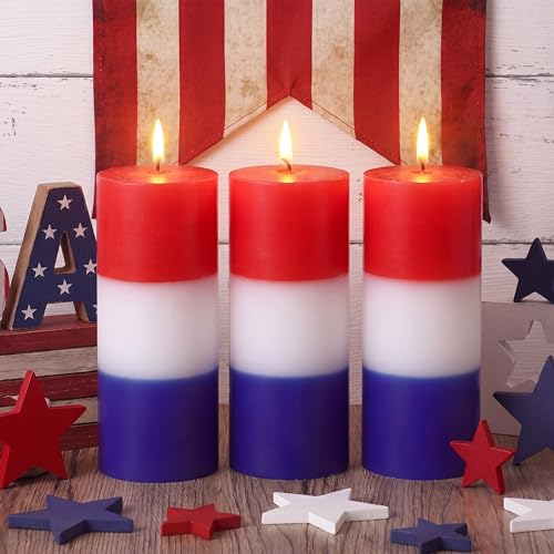 Image of Conelist 3 Pcs Red White and Blue Wax Candle 4th of July Unscented Dripless Pillar Patriotic Candles Smokeless Independence Day American Gifts for Dinner Party Decoration(Red Blue White,2 Inch)