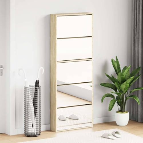GeenYuu Zapatero con 5 compartimentos espejo roble 63 x 17 x 169,5 cm, zapatero para pasillo y pasillo, zapatero con puertas abatibles, espacio para 15-20 pares de zapatos, armario para entrada y