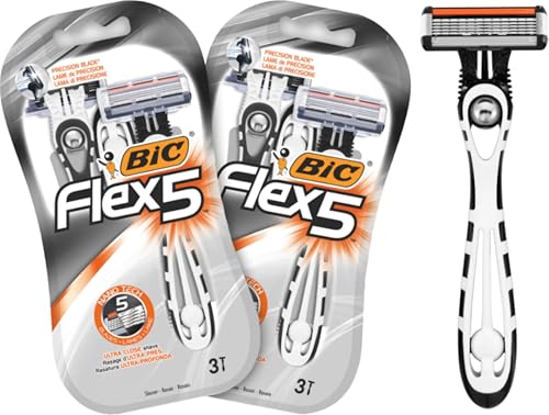 BIC Flex 5 Disposable Mens 5-Blade Razors with Moveable Blades for a Close Shave Solid Control Pack of 6