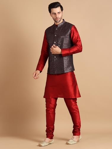 Image of men's Silk Blend Kurta Pejama & Waistcot Set