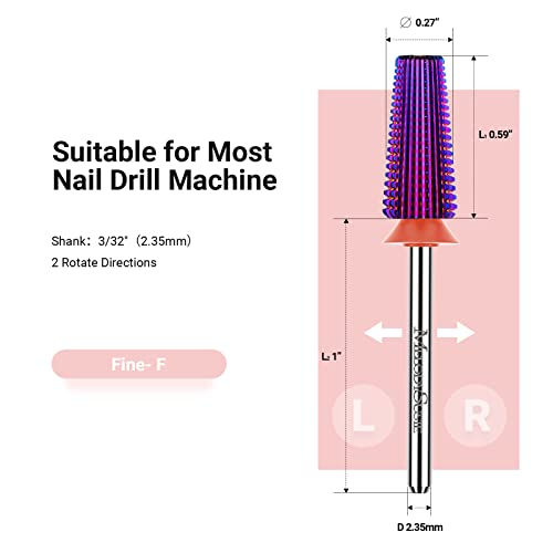 Melodysusie Professional 5 In 1 Nail Drill Bits, 3/32'' Carbide Tungsten Multi-Function Bits, Suitable For Manicure Pedicure Cuticle Gel Polishing, Technicians Bits, Purple, Series Bit-M, Fine #TOP5