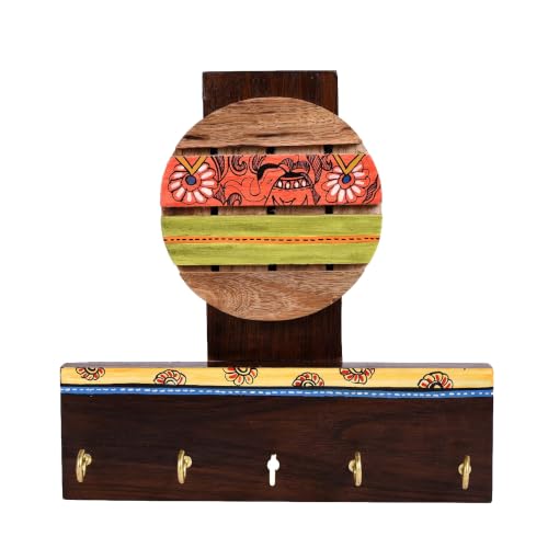 Image of AAKRITI ART CREATIONS Key Holder, Handcrafted Madhubani Art Key Hanger | Rustic Wood Wall Organizer with 5 Hooks | New Home Gifts | Multifunctional Entryway Decor Item