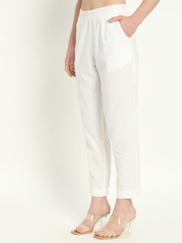 Image of Women's Solid Straight Fit 100% Cotton Trousers | High Waist, Side Pockets, Ankle Length Pants for Office, Casual