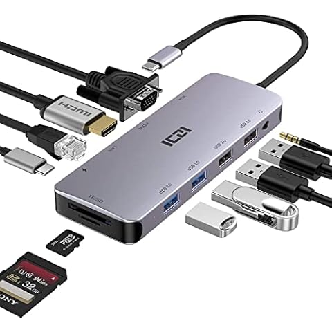 ICZI USB C Hub 11 en 1 con HDMI, VGA, PD 100W, Ethernet, Micro SD/TF, Audio, 4 Puertos USB Cover