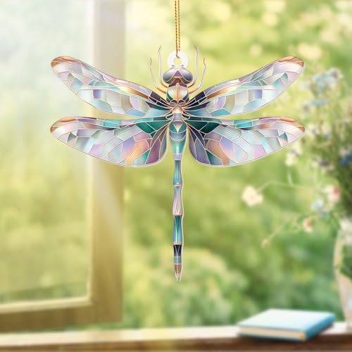 Dragonfly Ornament Stained Glass Style Acrylic Window Hanging Suncatcher Car Rearview Mirror Charm Whimsical Holiday Christmas Tree Ornament Unique Dragonfly Gifts for Women Mom Teacher(Sun-13)