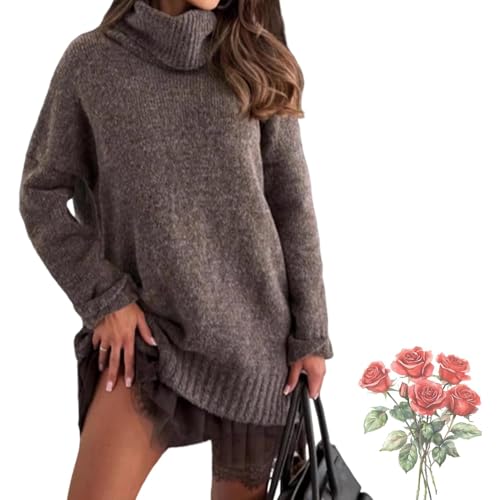 Ensemble Robe et Pull à col roulé pour Femme, Robe Nuisette élégante plissée à Bordure en Dentelle, Haut Ample à col roulé. (Brown,S)