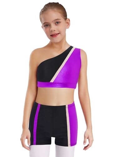 TiaoBug Kids Girls Pcs Metallic Color Block Gymnastics Dance Outfit One Shoulder Tank Top And Shorts Set