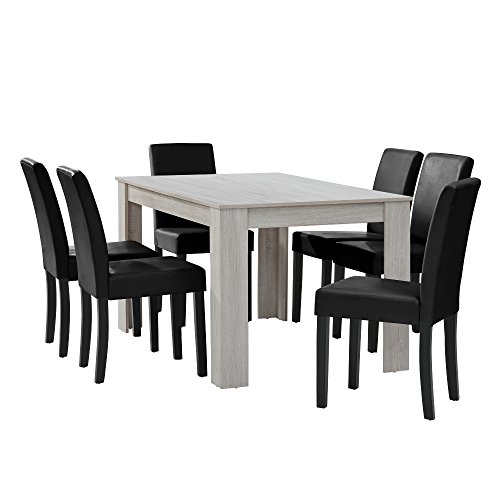 [en.casa] Table à Manger chêne Blanc 140 x 90 cm avec 6 chaises Noir