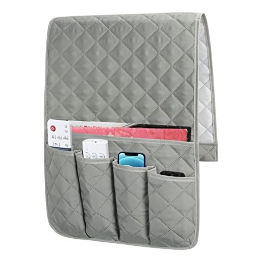 FYY Sofa Armrest Organizer Remote Control Holder, Non-Slip Armchair Caddy for Couch Recliner, Armrest Organizer with 5 Pockets for Magazine, Remote control, Tablet, Phone, iPad, Books, Glasses Grey