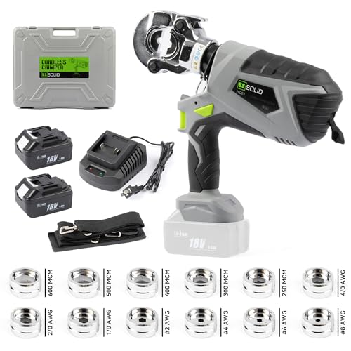 U.S. Solid Cordless Electric Hydraulic Crimper Tool Kit, 6.5 Ton, 8 AWG to 600 MCM Copper Dies, for Cu Lugs Splices and Connectors, 2 Li-ion Batteries and Charger, LCD - image 1