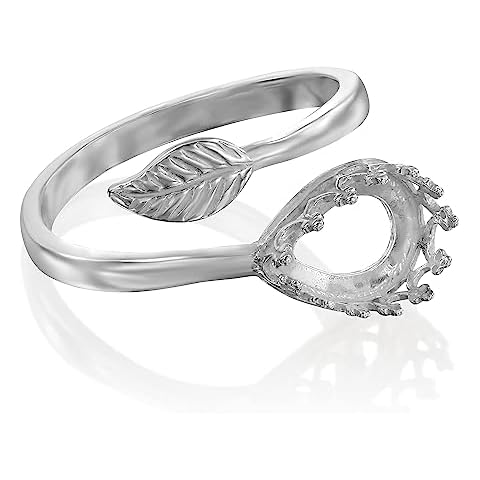 925 Sterling Silver Ring Blanks - 2 Pcs Adjustable Bypass Leaf 5 to 9 Ring Base with 7x10mm Teardrop Bezel Cup - DIY Blank Rings for Jewelry Making Supplies - Cabochon Blanks Settings without Stones Cover