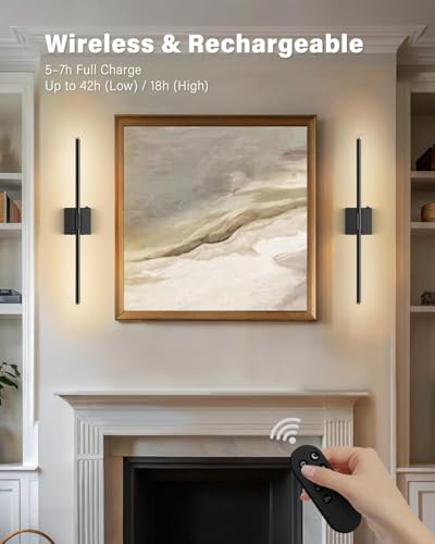 Image of SAIMAND Wall Sconces Set of 2 Battery Operated, Wireless USB 8000mAh Rechargeable Wall Lights with Remote Control,3000K-6000K LED Dimmable Decor Lamp for Living Room,Bedroom,Hallway (27in Black)