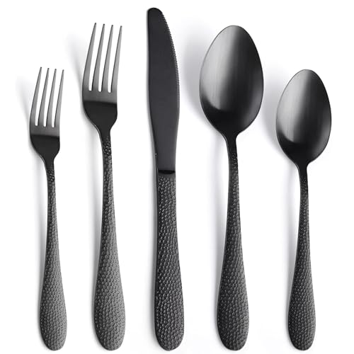 Image of aDai Hammered Matte Black Silverware Set | 5-Piece Premium Stainless Steel Flatware Set | Dishwasher Safe Cutlery Set for Home, Restaurant & Gifting