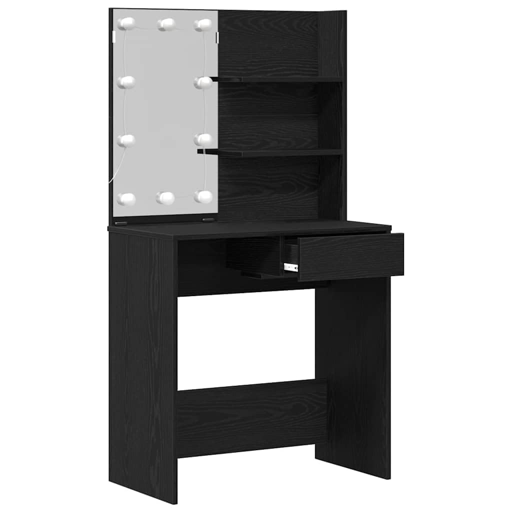 Schminktisch Schwarz Eichen-Optik Holzwerkstoff mit LED Beleuchtung und Flachspiegel 74,5 x 40 x 141 cm, Stauraum mit Schublade und Regal für Schlafzimmer, Makeup, Pflege und Organizer