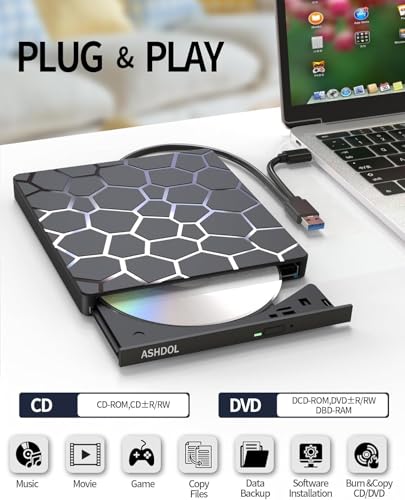 Image of External CD DVD Drive,8 in 1 USB 3.0 and Type-C Disc Reader Writer Burner Player,Slim and Portable CD DVD + /-RW Optical Drive for PC Laptop Desktop MacBook Mac Windows Linux OS Apple