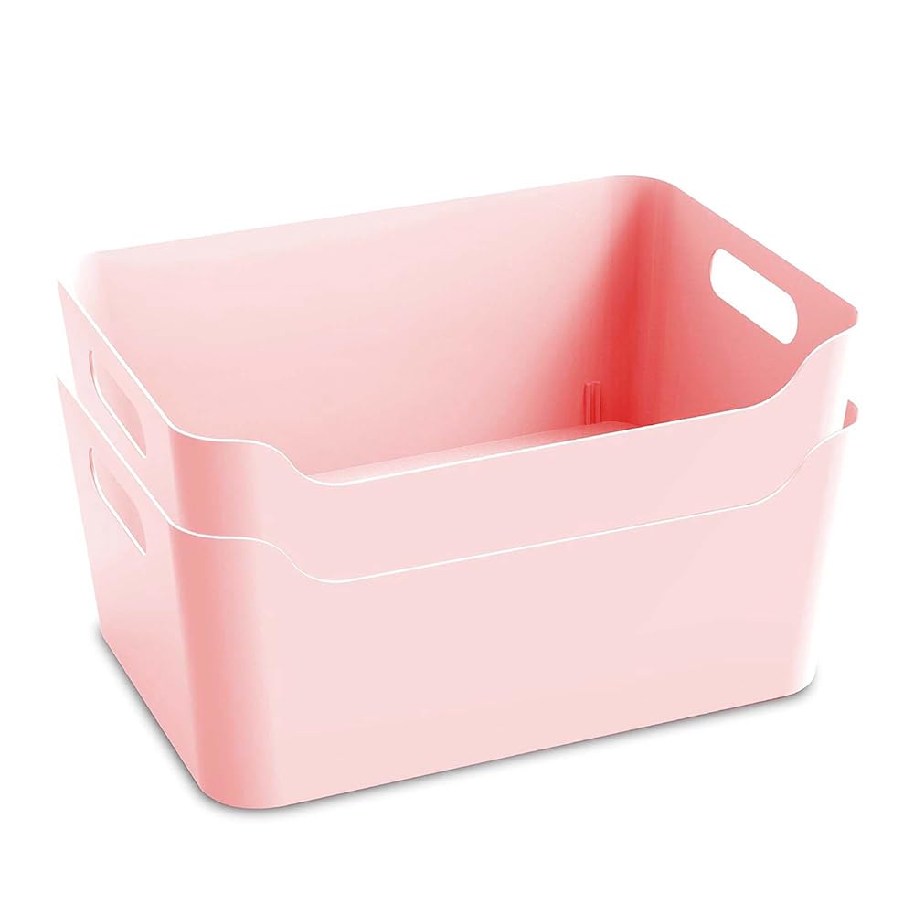 KOLORR Jolly Plastic Basket with Handle for Storage Box | Multipurpose Light Weight Baskets organiser | Large Pack of 2 - RTN Wave Pink