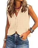 Picture of BTFBM Summer Sweater Vest for Women 2025 Sleeveless V Neck Button Up Cardigan Waffle Knit Tank Tops Spring Clothes(Apricot, Medium)
