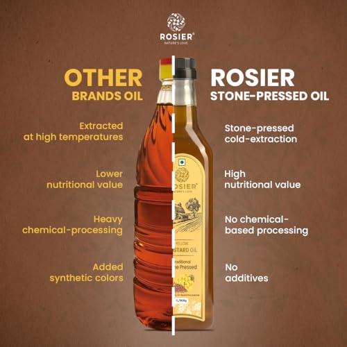 Image of ROSIER Stone Pressed Organic Yellow Mustard Oil 1 L | Traditional Stone Pressed Single Filtered Cooking Oil | Kolhu /Kacchi Ghani /Chekku | Pure, Natural and Healthy Mustard Oil 1 Litre