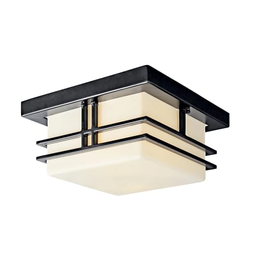Kichler Tremillo 11.5" Outdoor Semi Flush Light in Black, 2-Light Exterior Ceiling Light with Satin Etched Cased Opal Glass, (11.5" W x 6.5" H), 49206BK