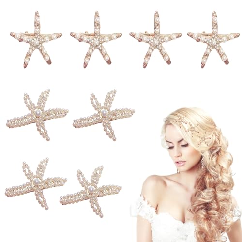 8 Pcs Starfish Hair Clip, Seashell Hair Clips Rhinestone Starfish Barrette Hairpins Pearl Crystal Sea Star Hair Clips Bride Wedding Head Pieces Mermaid Hair Accessories for Women Girls