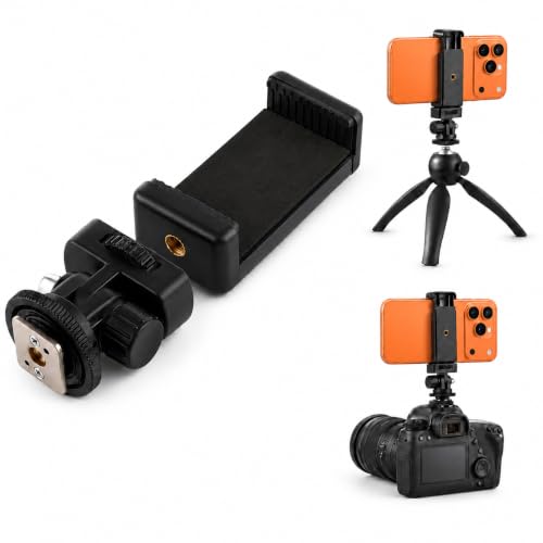 Image of Universal Phone Holder Mount with Hot Shoe Adapter | 1 /4-Inch Thread, Adjustable Smartphone Clamp for Tripod, DSLR Camera, Selfie Stick, Vlogging & Video Recording